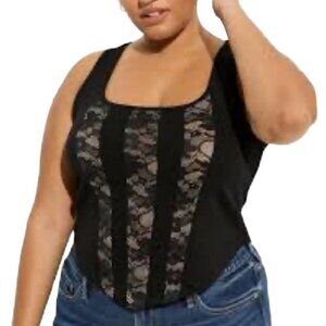 Torrid Top Women 1X Black Ponte Square Pullover Corset Tan Lace Sleeveless 14